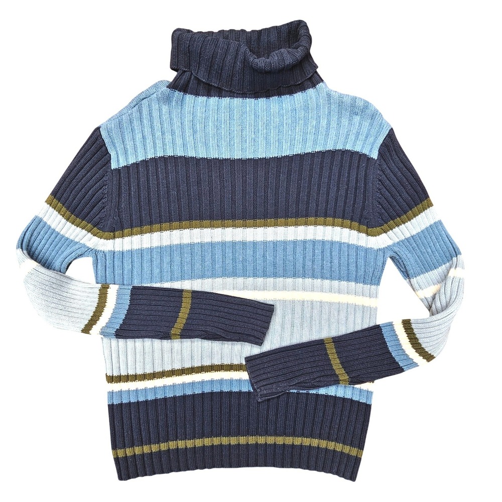 Mountain Lake Turtleneck Sweater Womens L Blue Striped Ribbed Knit Cotton Preppy